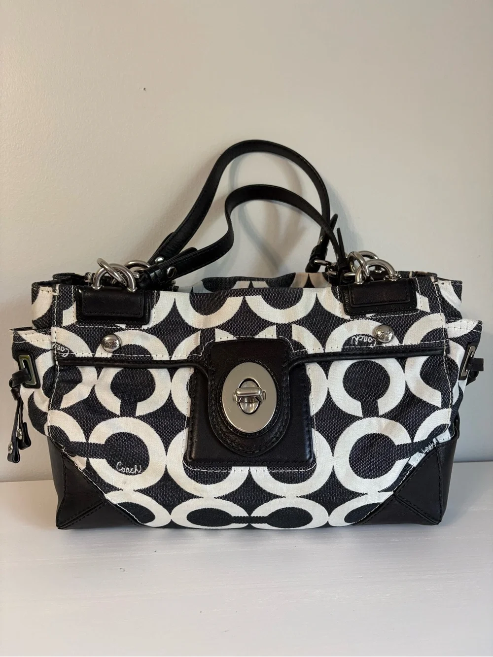 Coach Peyton Black White Op Art Signature Carryall Satchel Tote Bag 14515 Y2K